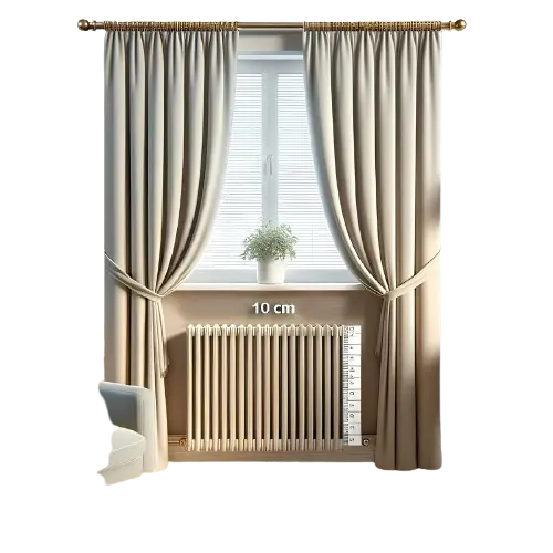 Rideaux suspendus au-dessus d'un radiateur avec un espace de 10 cm